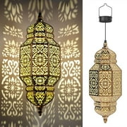 Twinkya Hanging Solar Lights Outdoor Garden Decorative Solar Lantern Waterproof Metal Moroccan Outdoor Decorations for Patio Pathway Yard Porch Backyard Garden Decor (Gold, 1 Pack)